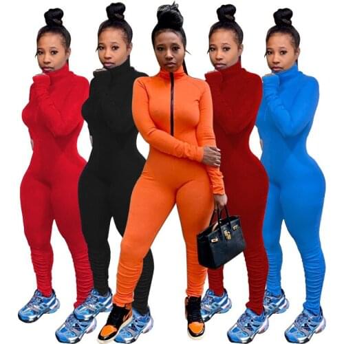 Solid Tight Womens Clothing Autumn and Winter New Zipper Pleated Long Tight Long Sleeve Fitness Workwear SportswearJumpsuit