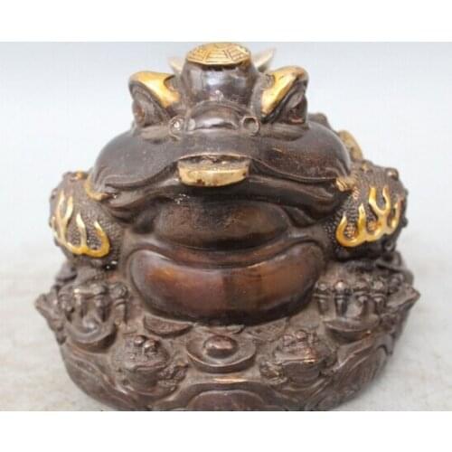 Wholesale factory 7" Chinese Bronze Gilt Carving Golden Toad Spittor Wealth Coin Statue 25% off
