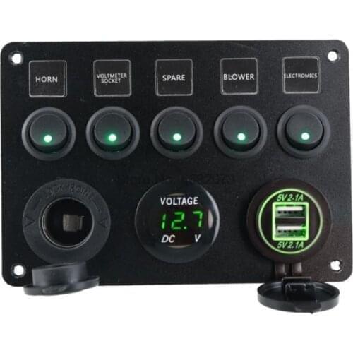 By DHL or Fedex 20sets 5 Gang ON-OFF Toggle Switch Panel Dual USB Socket Charger LED Voltmeter 12V Outlet Car, Truck,ATV, Boat