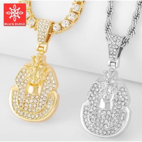 Bling Rhinestone Egyptian Pharaoh Pendant Necklace Iced Out Gold Color Mens Women Punk Hip Hop Chain Pendant Necklace Jewelry