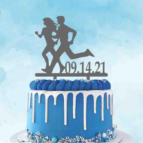 Personalized Couple Running Cake Topper Custom Date Mr & Mrs Jogging Silhouettes Wedding Anniversary Party Decoration Toppers