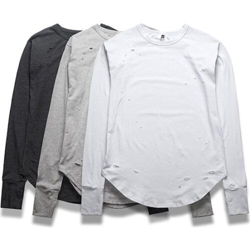 Destroyed T-shirt autumn outfit dark hollowed out, broken hole long sleeve T shirt