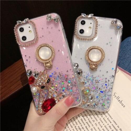 Diamond Gem Fox Ring Holder Glitter Case For iPhone 11 12 Pro Max 12Mini X XR XS 7 8 Plus SE 2020 Case Luxury Clear Soft Cover