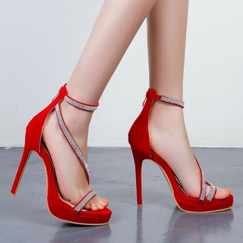 Summer Open Toe Women Sandals Sexy Thin High Heel Crystal Sandals Faux Suede Zipper Women Shoes Lady Platform Dress Shoes