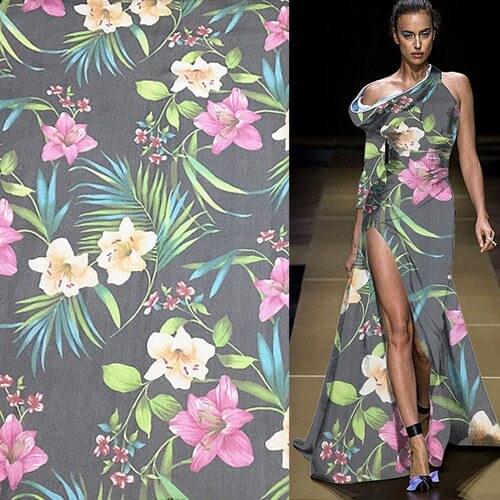 Silk geoggete gauze fabric beautiful big floral print on black background,SCG366