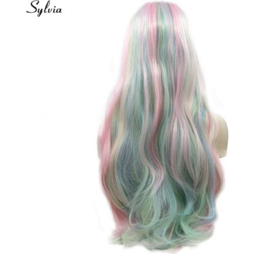 Sylvia High Temperature Long Body Wave Hair Pastel Blue Green/Baby Pink Synthetic Lace Front Wigs for Cosplay Party Holidays Wig