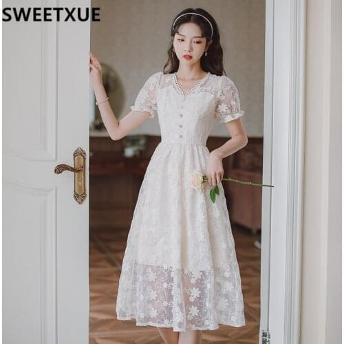 SWEETXUE French Fairy Party Lace Romantic Dress 2021 Summer Womens V-neck Embroidery Ladies Vestidos Robe Femme