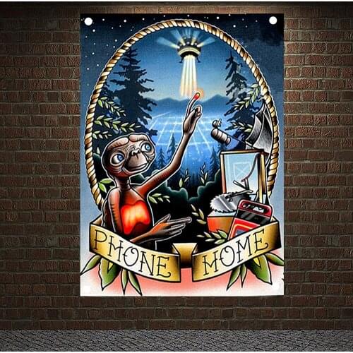 PHONE HOME Tattoo Banners Vintage Canvas Painting Wall Art Print Posters Home Decor Mural Hanging Flag 4 Gromments in Corners