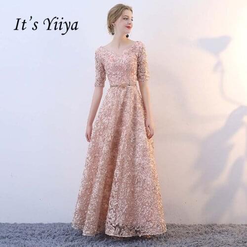 Its YiiYa V-neck Half Sleeves Flowers A-line Vintage Elegant Lace Up Party Frocks Dresses Floor Length Evening Dresses YS018