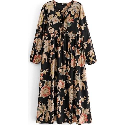 Vintage Chic Women Floral Print Long Sleeve Beach Bohemian Mid-Length dress Ladies Fringed Tassel Summer Boho Dress Soft Fabric