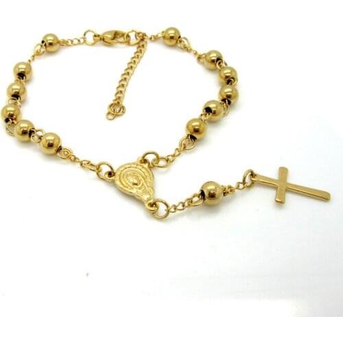 Fashion High Quality Length 185mm+40mm Stainless Steel Bead Women Bracelet With Cross Pendant Rosary Charm Bracelets For Woman