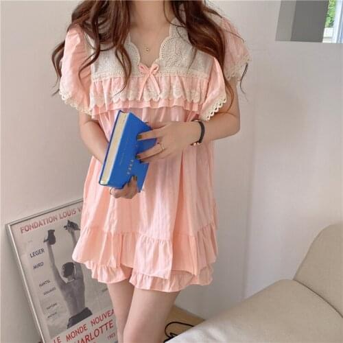 Summer women pajama set bow tie lace patchwork sleepwear 2 piece set pink sleeveless pullovers tops shorts suit homewear Y681