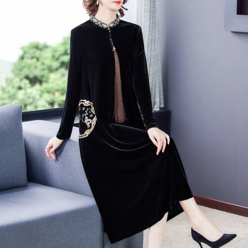 2021 4XL Plus Size Black Velvet Embroidery Dresses Spring Autumn Vintage Floral Midi Dress Women Bodycon Elegant Party Vestidos