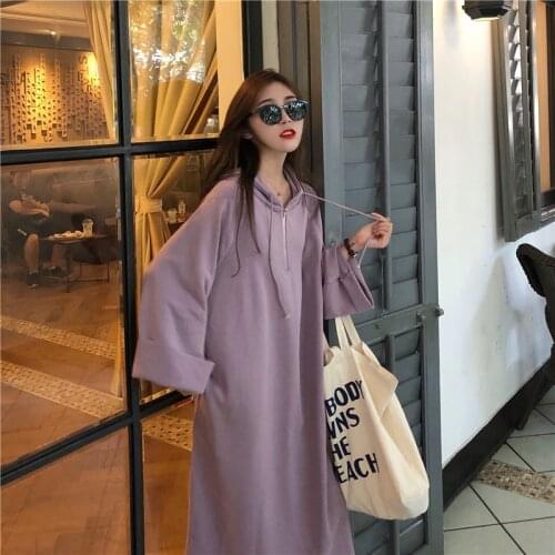 Women Autumn 2018 Long Hoody Dress Drawstring Straight Vestido Purple Loose Plus Size Sarafan Female Zipper Sweet Robe Femme