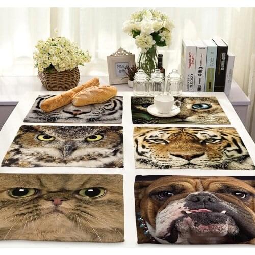 1Pcs Dog Cat Tiger Owl Pattern Kitchen Placemat Dining Table Mat Coaster Cotton Linen Pads Cup Mats 42*32cm Home Decor MA0058