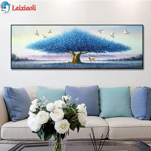 DIY Diamond Painting Natural scenery blue big tree, deer Diamond Mosaic Full Drill Square Embroidery Cross Stitch Handmade Hobby