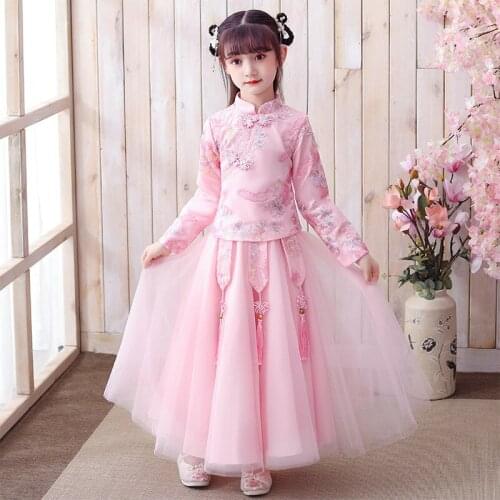 Elegant Flower Girls dresses Vintage kids dresses girls Chinese cheongsam clothes Traditional Chinese garments for Child