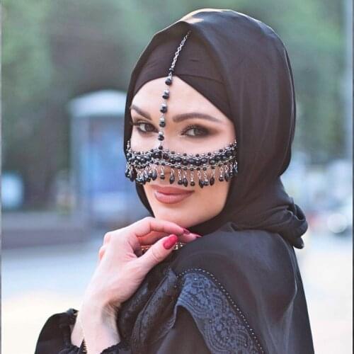 Black Party Face Chain Jewelry Accessories Evening Bridal Headwear Veils for the Bride Head Beaded Face Wedding Veil 2021