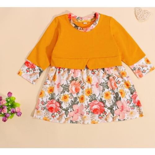 FOCUSNORM Autumn Lovely Baby Girls Dress Outfits 0-4Y Flowers Printed Patchwork Long Sleeve A-Line Knee Length Dress
