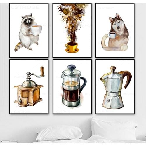 Coffee Raccoon Dog Nordic Style Pictures Modern Home Decoration Wall Art Poster Retro Coffee Machinecanvas Painting for Kitchen