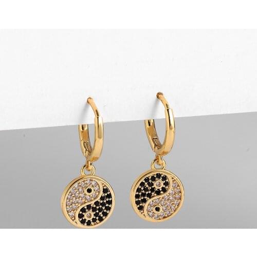 Fashion Micro Pave CZ Tai Chi Yin Yang Pendant Earrings for Women Vintage Gold Color Circle Hoop Earring Wedding Jewelry