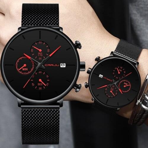 Mens Watches CRRJU New Design Luxury Sport Wrist Watch Stainless Steel Mesh Strap Mens Fashion Casual Date Dress StopWatches