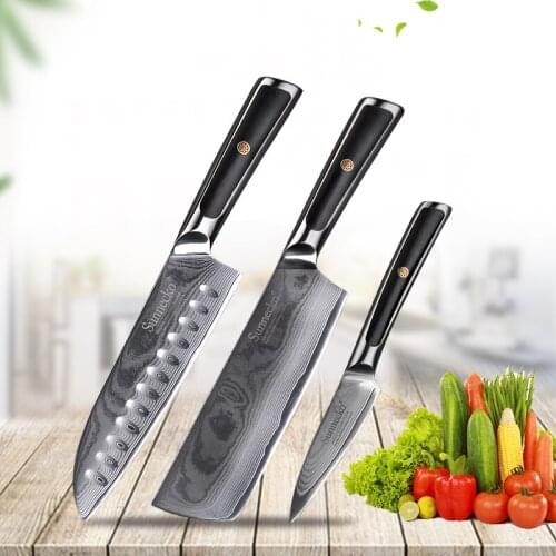SUNNECKO 3PCS Kitchen Knives Set Santoku Cleaver Paring Knife Damascus Japanese VG10 Steel Blade G10 Handle Meat Cutting Knife