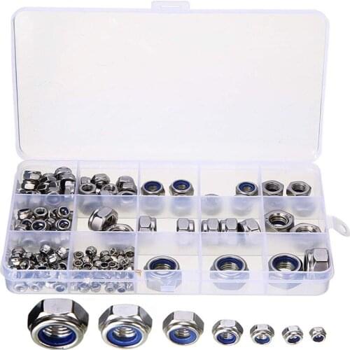 304 Stainless Steel Lock Nut Assortment 170 Pcs, M3 M4 M5 M6 M8 M10 M12 Nylon Insert Locknut