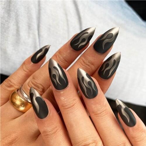 24pcs Flame stiletto Fake Nails Matte Frosted Fire Pattern Artificial Designed Tip Head Wearable false nail tips with designs