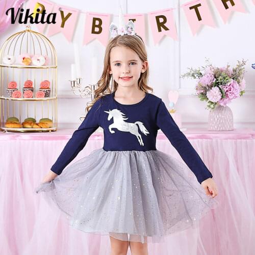 VIKITA Brand Girls Unicorn Dress Girls Sequined Vestidos Kids Party Casual Tutu Dress Children Licorne Autumn and Winter Dresses