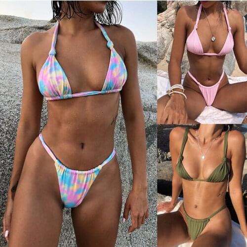 Holiday Beach Wear Bikini Set Push Up High Waist Swimwear Printing Sexy Knotting Triangle Bag Backless Bathing Suits Women