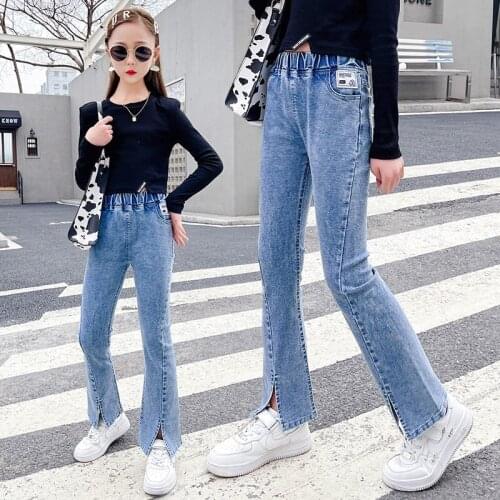 Girls Flare Jeans New Spring Casual Elasticated High Quality Fashion Bottom Small Split Pants Teen Girls Stretch Long Trousers