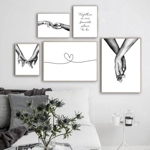 Romantic Hand In Hand Canvas Painting Black White Wall Art Poster Print Nordic Fashion Picture Couples Lovers Room Decoration