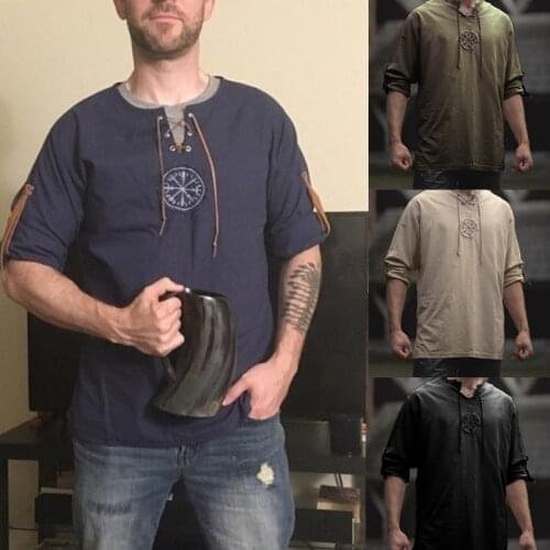 Spring/autumn Men Plus Size Solid Color Shirt Ancient Viking Embroidery Pattern Lace-up V-Neck Long Sleeve Top For Men Clothi