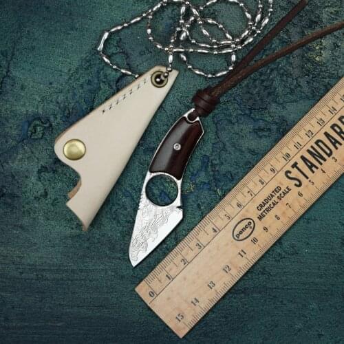 Handmade Damascus steel EDC knife pattern steel mini knife necklace knife mini fixed blade key chain knife with leather scabbard