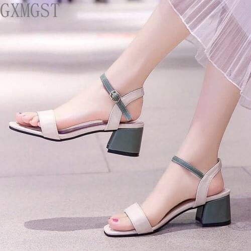 2021 HOT Shoes Women Leather Buckle Sandals Rubber Beach Sandals Pumps Women Shoes Low Heels Women Square Heel Summer Shoes