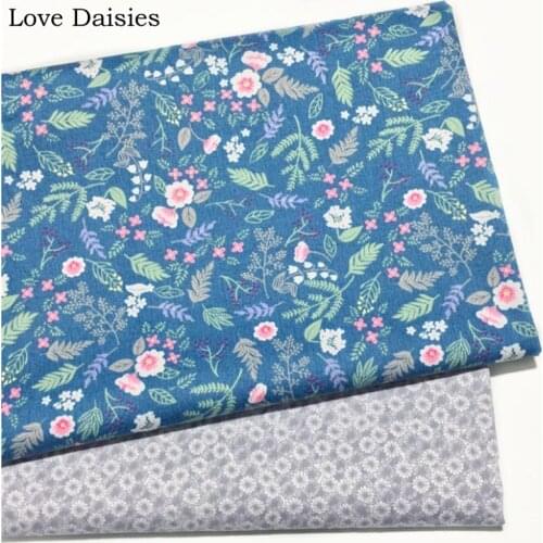 100% cotton Twill BLUISH GREEN GRAY Small Pink White Flower Floral Leaves Fabrics for Girl Dress Apparel Handwork Bedding decor