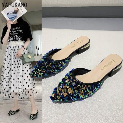 Fashion Sequin Pointed Toe Slides 3 Cm Square Low Heels Students Half Slippers Summer Casual Beach Women Sandals Outdoor Mules