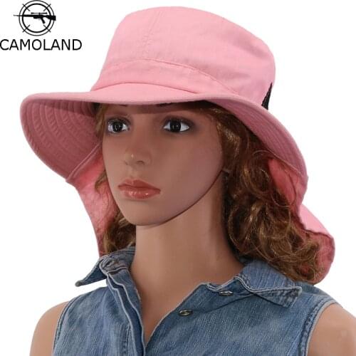 CAMOLAND Women Summer Sun Hats With Neck Flap Outdoor Fishing Boonie Hat Female Sun UV Protection Hiking Breathable Mesh Caps