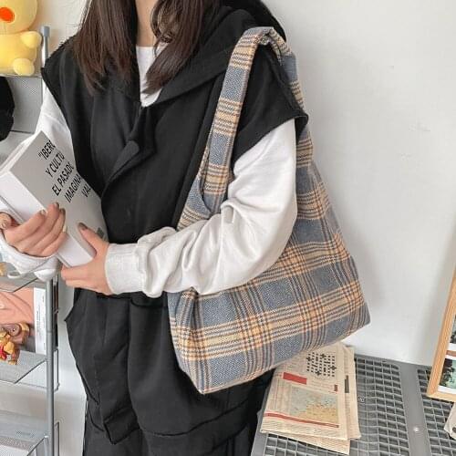 2021 Retro Plaid Pattern Shoulder Bag For Women Large Capacity Tote Bags Female Casual Canvas Shopping Bag Girls Book Bag