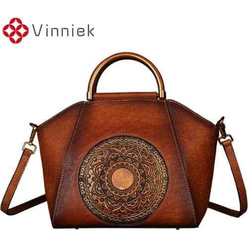 New Genuine Leather Womens Handbag Totem Embossed Purses Retro Solid Shoulder Bags Hand-painted Cross Body Soft Shell Bag Totes