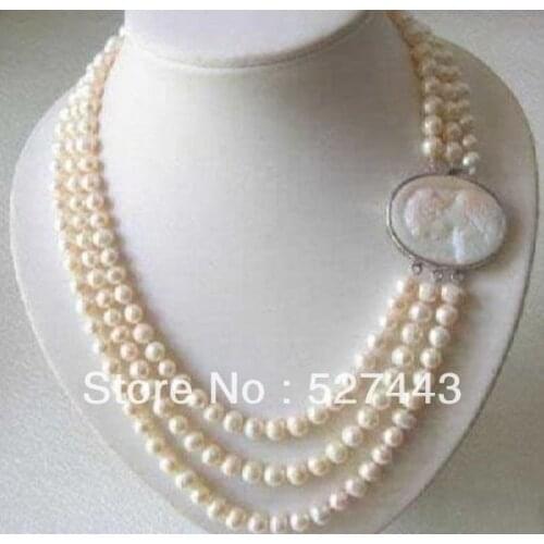 Wholesale free shipping Genuine 3 Rows 7-8MM Freshwater pearl Necklace Cameo Clasp