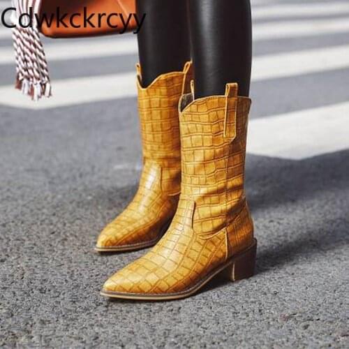 Winter The New fashion Pointed Thick heel Martin boots yellow personality Plus cashmere Keep warm High heel Women boots 34-47