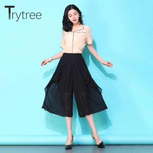 Trytree 2020 Spring Summer Women Pants Casual Elastic Waist Black Wide Leg Pants Calf-Length Pants Loose Fashion Thin Pants