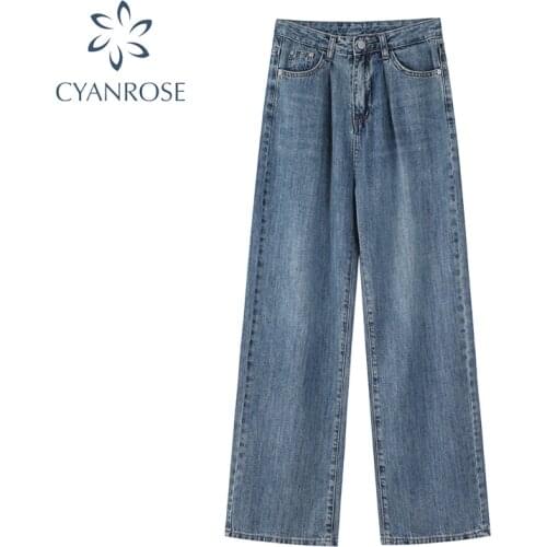 Woman Jeans High Waist 2021 Autumn Korean Streetwear Vintage Fashion Casual All-Matching Blue Wide Leg Denim Trouser Female