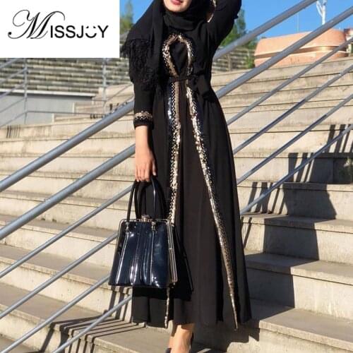 MISSJOY 2020 Abayas Muslim Dress Women Sequin Casual Patchwork Turkish Dubai Dresses Cardigan Elegant Gray Black Robe Female