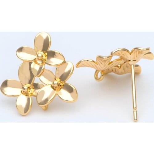 10pcs Gold plated Brass Flower Earring Posts, 14mm Floral Stud Earring with Loop (GB-956)