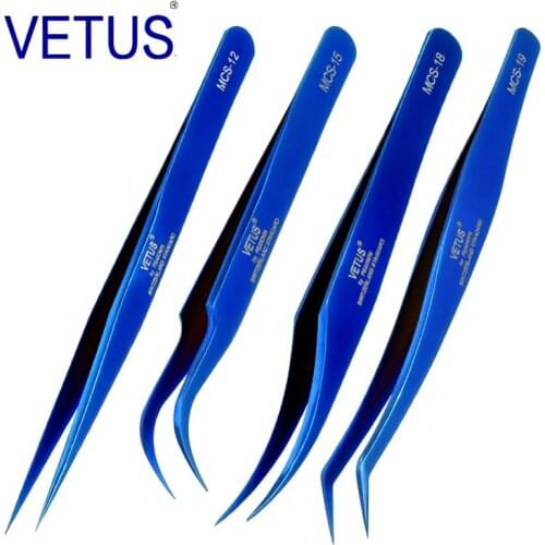 4pcs / set Vetus MCS Series Bright Blue Premium Beauty Makeup Tweezers for Eyelashes Extension Ultra Fine Tip Pinzas