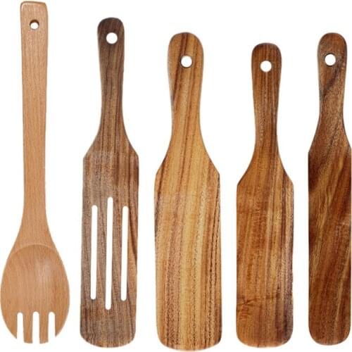 5 Pcs Teak Cooking Spatula Spoon Kit Salad Spatula Spatula Non-Stick Frying Spatula Durable and Heat-Resistant
