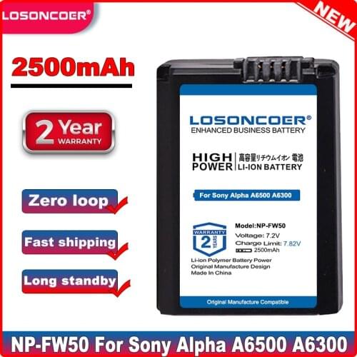 LOSONCOER NP-FW50 NP FW50 2500mAh Battery for Sony Alpha a6500 a6300 a7 7R a7R a7R II a7II NEX-3 NEX-3N NEX-5 Batteries
